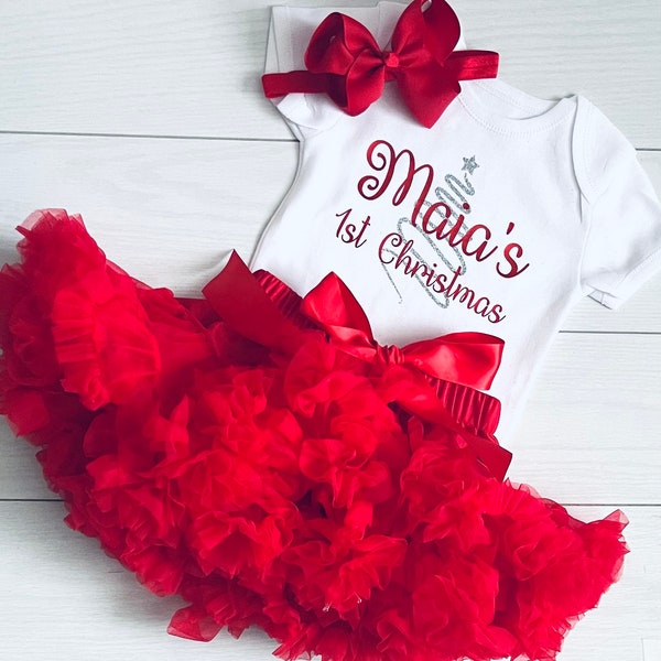 Luxury Girls My 1st First Christmas Outfit Set Tutu Skirt Personalised Custom Red Silver or Xmas Vest Party Photoshoot