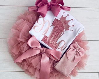 Custom Personalised Baby Girls 1st First Birthday Outfit Cake Smash Set Tutu Knickers Top Headband Dusky Pink Rose Gold Party Socks UK