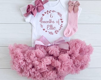 Personalised Girls Half Way To One 1/2 Birthday Outfit Set Cake Smash Vest Net Tutu Skirt Crown Party Dusky Pink 6 Months of Me Bow Socks UK