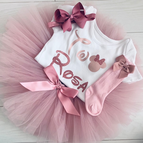 Rose Gold  2nd Second Birthday Outfit, Baby Girls Customised Name Vest Net Dusky Pink Tutu Skirt Minnie Mouse Theme Set & Headband UK Socks