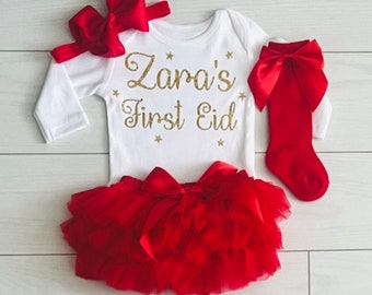 Luxury Custom Boutique Girls My 1st First Eid Mubarak Outfit Tutu Full Ruffle Knickers Skirt Vest Top Set Red Gold Socks UK Seller