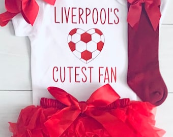 Kids Baby Girls Liverpool’s Cutest Fan LFC Footy Football Outfit Frilly Red Tutu Knickers Headband Vest Outfit Champions League Premiership