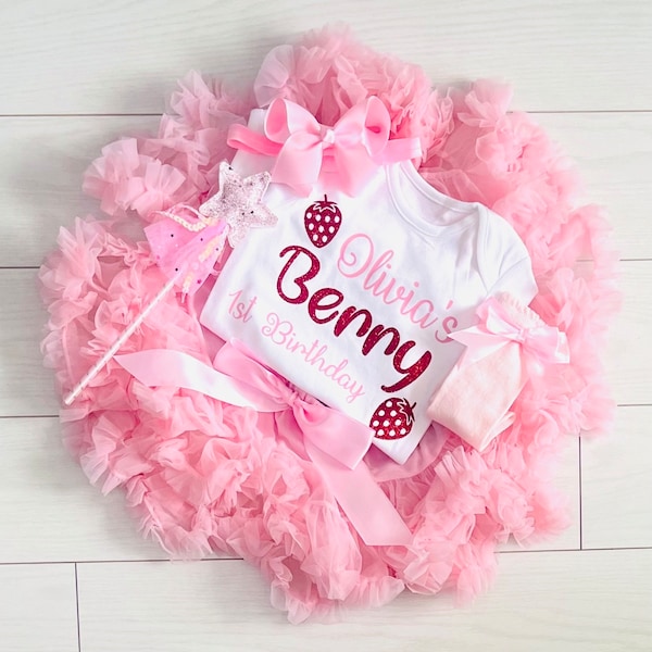 Personalised Baby Girls 1st First Birthday Outfit Cake Smash Set Tutu Skirt Berry Strawberry Theme Wand Bow Pink Red UK Seller Party Socks