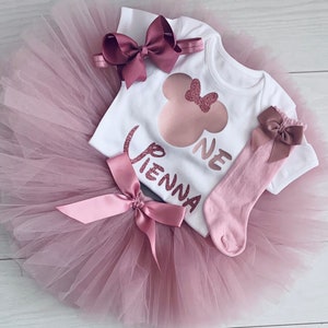 Custom Personalised Baby Girls 1st First Birthday Outfit Cake Smash Set Tutu Skirt  Headband Dusky Pink Rose Gold Party Socks Minnie Mouse