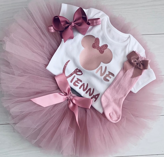 Custom Personalised Baby Girls 1st First Birthday Outfit Cake Smash Set  Tutu Skirt Headband Dusky Pink Rose Gold Party Socks Minnie Mouse