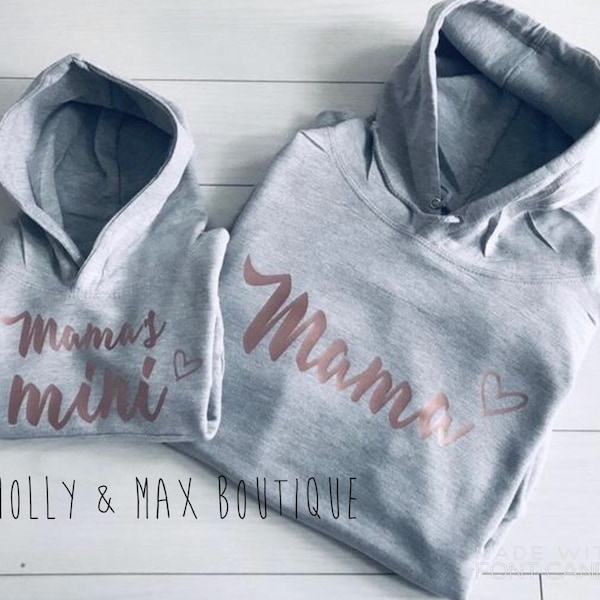 Mum And Daughter Matching Twinning Hoodies Outfit Mama Mama's Mini Grey Rose Gold Mother's Day Present Gift UK Seller