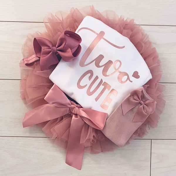 Luxury Girls 2nd Second Birthday Outfit Set Frilly Tutu Knickers Top Dusky Pink Rose Gold Headband Party UK Seller Two Cute Socks