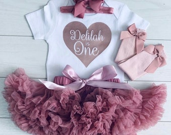 Rose Gold First 1st Birthday Outfit, Baby Girls Customised Personalised Vest Dusky Pink Tutu Skirt Cake Smash Set & Headband Matching Socks