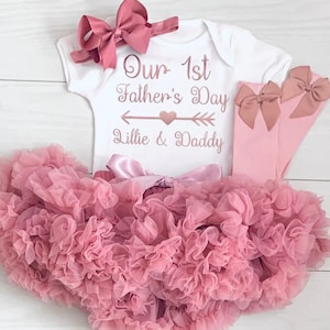 Baby Custom First 1st Father’s Day Outfit Gift Girls Outfit Frilly Tutu Skirt Vest Top Set Dusky Pink Rose Gold UK Matching Socks & Headband