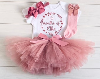 Personalised Girls Half Way To One 1/2 Birthday Outfit Set Cake Smash Vest Net Tutu Skirt Crown Party Dusky Pink 6 Months of Me Bow Socks UK