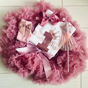 Personalised Baby Girls 1st First Birthday Outfit Cake Smash Set Tutu Skirt Top Princess Wand Bow Dusky Pink Rose Gold UK Seller Party Socks