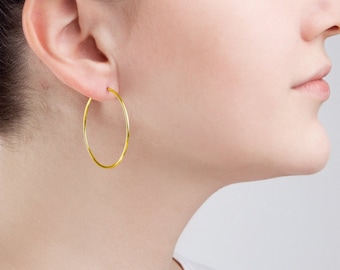 Yellow Gold on Silver Hoop Earrings 4cm size and hinged fastening. Gift for Her.