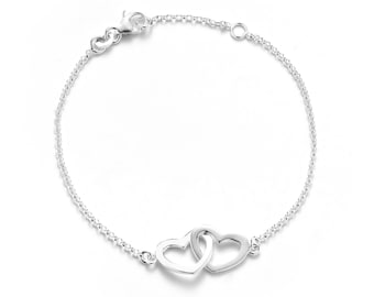 Sterling Silver Double Heart Bracelet. Adjustable Interlocking Two Hearts Love Anniversary Friendship Bridal Gift box and FREE UK SHIPPING