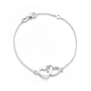 May include: A silver chain bracelet with two interlocking heart charms.