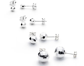 Sterling Silver Tiny Ball Stud Earrings - Shiny Faceted Studs. Diamond Cut Disco Ball design