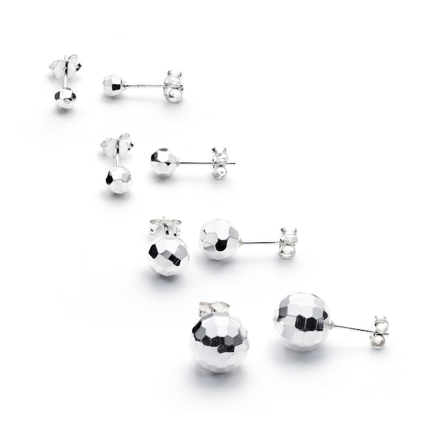 Sterling Silver Tiny Ball Stud Earrings - Shiny Faceted Studs. Diamond Cut Disco Ball design