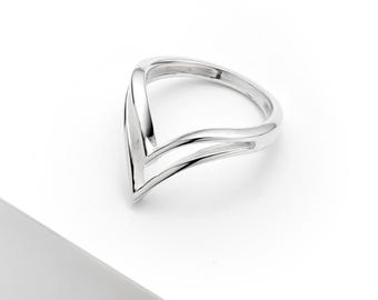 925 Silver Wishbone Double Chevron Ring, Stylish Double Triangular Boho Stacking Ring, Thoughtful Birthday Anniversary Good Luck