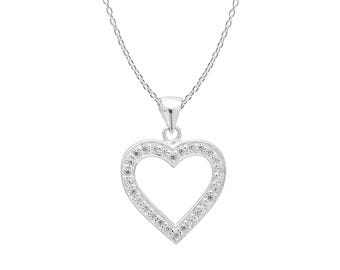 925 Silver CZ Open Heart Pendant Necklace Chain, Petite 20mm zirconia Charm Necklace Various Lengths, Timeless Fashion Jewellery Gift