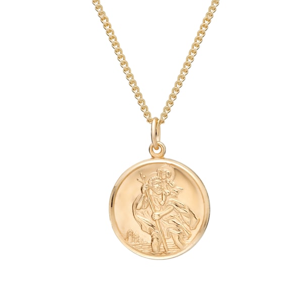 Gold St Christopher Pendant in 2 sizes. Choice of thick 1.7 Curb Chain Necklace, 16 18 20 22 24 In. Gift box and FREE 1st Class UK Delivery.