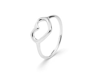 925 Silver Heart Ring, a Minimalist Everyday Open Heart Shaped Outline Ring in Sterling Silver, Dainty Elegant Birthday Gift for her
