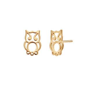 Dainty 10mm Gold Owl Earrings Studs, 925 Sterling Silver with Gold Plating, the perfect Quirky Cute Jewelry Gift Fun Stud Earrings