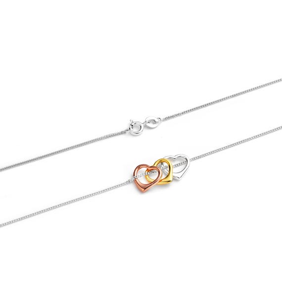 Tri-color Sterling Silver Triple Heart Pendant Necklace