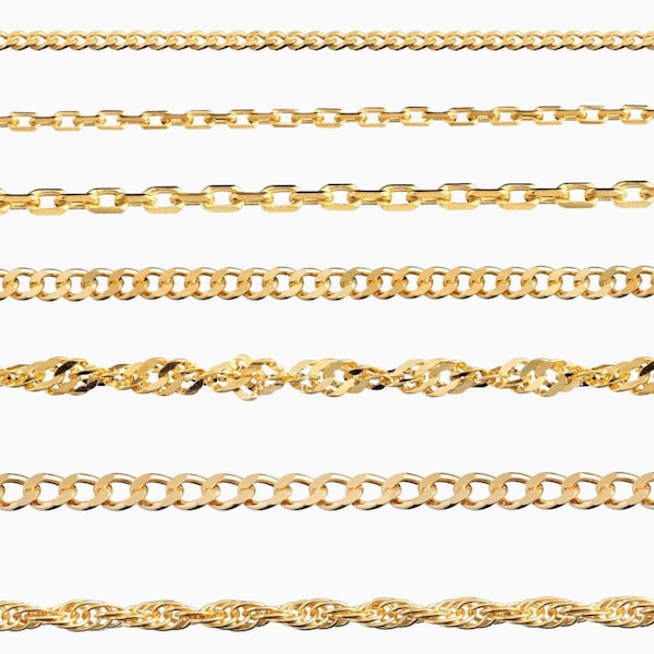 24K Gold Plated Sterling Silver Chain Necklace Curb, Trace, Prince of Wales Rope in Various Lengths