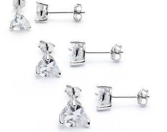 925 sterling silver heart cubic zirconia stud earrings. 5mm 6mm 7mm heart CZ earrings - gift box and free 1st class delivery in UK.