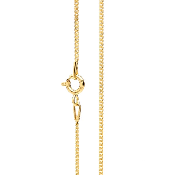Thin 24k gold chain necklace for men or women in curb style featuring 1.2 mm thick and various sizes