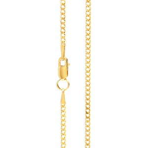 May include: A gold chain necklace with a lobster clasp closure. The chain is a curb style with a shiny finish.