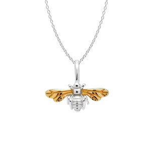 Cute Silver Bee Pendant Charm Necklace with Gold detail, Sterling Silver Pendant Necklace Chain in Various Lengths for Bee and Nature Lovers