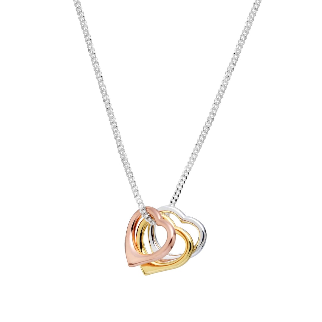 Tri-color Sterling Silver Triple Heart Pendant Necklace