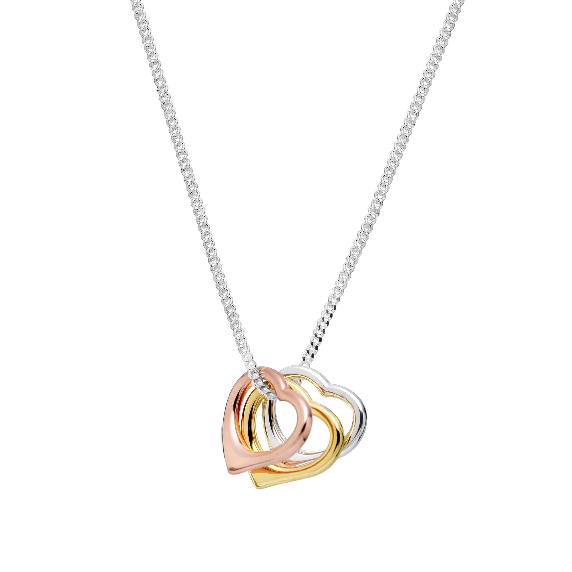 Tri-color Sterling Silver Triple Heart Pendant Necklace