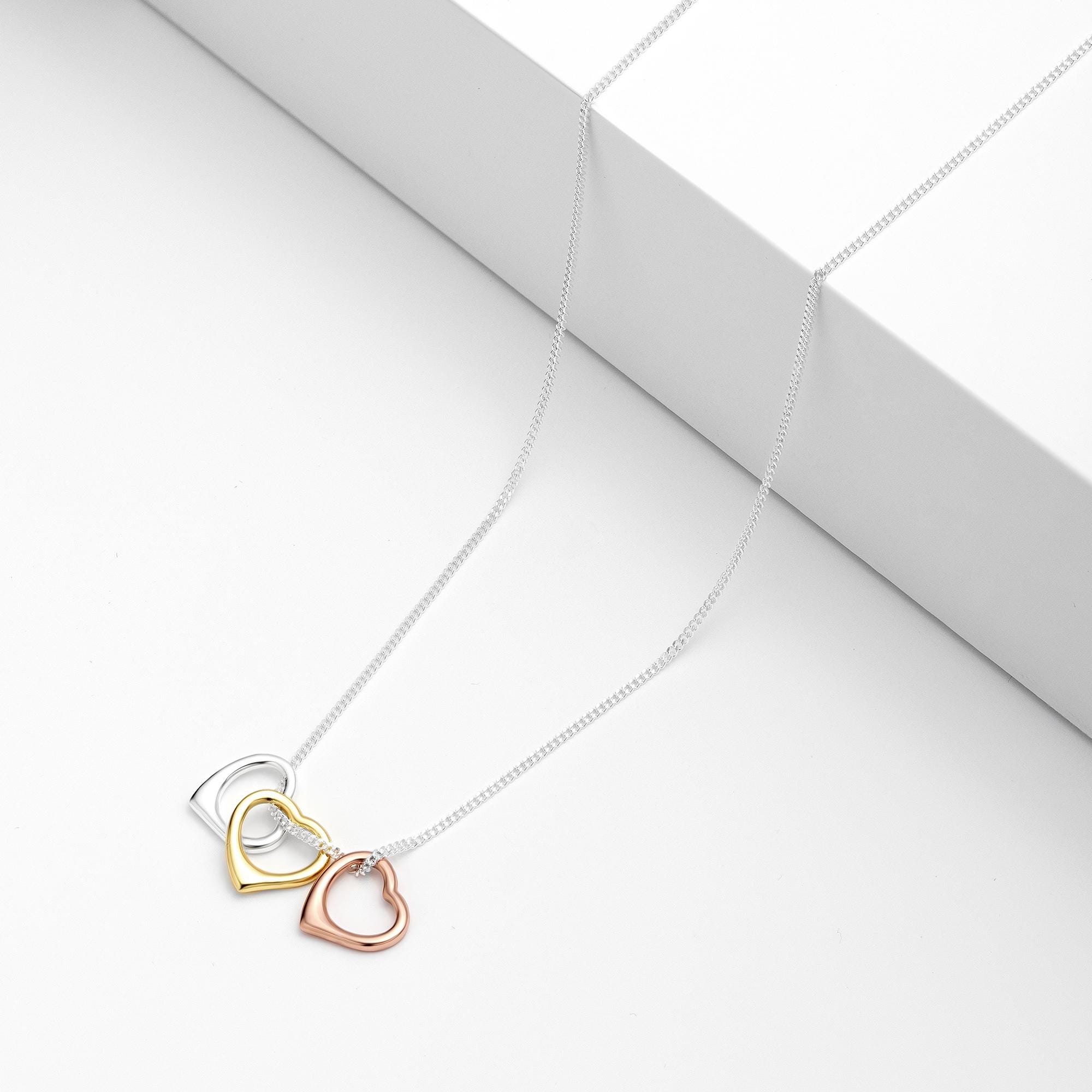 Tri-color Sterling Silver Triple Heart Pendant Necklace