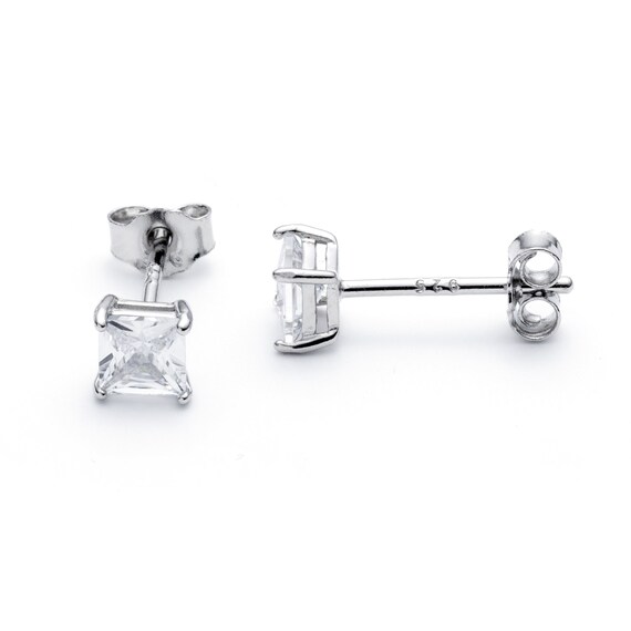 925 Sterling Silver Square Cubic Zirconia Stud Earrings. 4mm