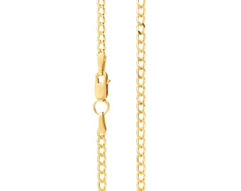 Simple gold chain necklace for men or women in curb style featuring 2.3 mm thick and various sizes