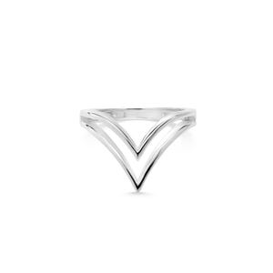May include: A silver ring featuring a double V-shaped design. The ring is crafted from a shiny, reflective metal and has a minimalist style. The ring is set against a white background, highlighting its clean lines and modern aesthetic.