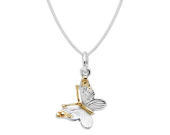 Sterling Silver Butterfly Pendant Chain, Necklace with Gold Detail in Multiple Chain Lengths, Perfect Gift for Her