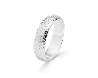 Hammered Sterling Silver D-Shaped Ring Band: Unisex Stacking Ring