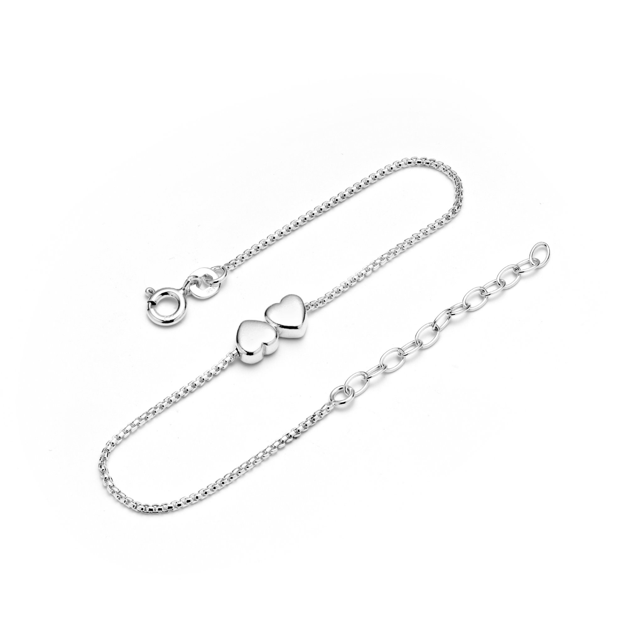 Sterling Silver Heart Charm Bracelet. Two Solid Hearts Side