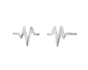 Sterling Silver Heartbeat Waveform Stud Earrings – Cute 7mm x 10mm Heart Rhythm Studs ECG Earrings – ideal Doctor, Nurse or Graduation Gift