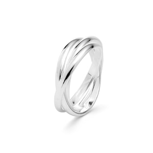 May include: A silver ring with a distinctive interwoven design. The ring comprises three bands that are twisted together, producing a contemporary and stylish appearance. The polished metal reflects light, accentuating the ring's smooth curves and overall form.