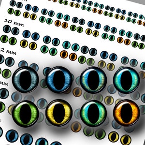 以下が含まれることがあります： 青、緑、黄、オレンジなど、さまざまな色のプラスチック製の目が、サイズ別に並んだ紙です。目はサイズ別に並べてあり、一番小さい目は上、一番大きい目は下にあります。紙には「copyright belongs https://www.etsy.com/shop/StoreEyess」というテキストも含まれています。