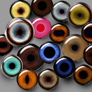 May include: A collection of colorful, round, glass eyes with various iris patterns and colors, including blue, green, brown, and black. The eyes are arranged in a circle on a gray background.