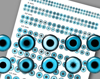 Realistic blue Turquoise Aquamarine eyes with round pupil Digital Collage Sheets Printable animals eyes Making size from 6 to 18 mm
