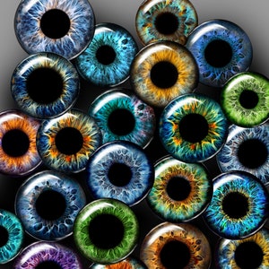 May include: A collection of colourful, realistic-looking eyes with different iris colours, including blue, green, brown, and purple. The eyes are arranged in a cluster, creating a visually striking and slightly unsettling image.
