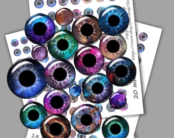 Galaxy Galaxies Nebula Space Doll Eyes big pupils Digital Collage Sheets Printable Realistic Irides Download for Making 14 mm 16 mm 18 mm 20