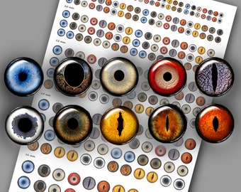 Realistic eyes with pupil Digital Collage Sheets Printable animals eyes for frogs lizards lemurs birds Making 2 mm - 14mm