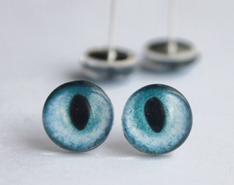 Icy Blue Glass Eyes on Wire Posts, Realistic Cat & Dragon Toy Eyes, Handmade Cabochon Eyes for Needle Felting, Art Dolls  Fantasy Creatures