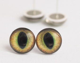 Olive Green Cat Glass Eyes on Metal Pin Posts, Handmade Cabochon Eyes for Cat Toys, Needle Felting   Art Dolls